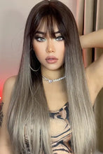 Long straight synthetic wig in ombre brown to silver, heat safe with bangs