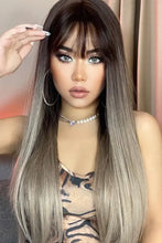Long straight synthetic wig in ombre brown to gray, heat safe with bangs
