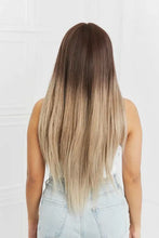 Long straight synthetic wig with ombre brown to blonde hair and bangs