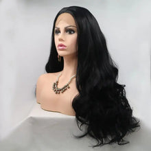 Long wavy black synthetic hair lace front wig with necklace, heat safe