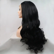 Long wavy black synthetic hair wig, heat safe lace front on mannequin