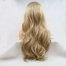 Long wavy blonde wig with dark roots, heat safe, on mannequin