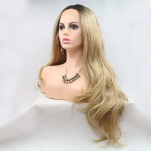 Long wavy blonde wig with dark roots, heat safe synthetic hair