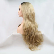Long wavy blonde wig with dark roots, heat safe, on mannequin head