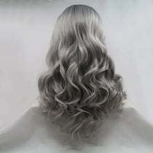Long wavy gray wig with dark roots, heat safe