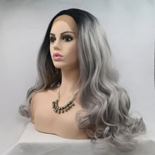 Long wavy gray wig with dark roots, heat safe synthetic silver ombre