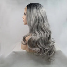 Long wavy heat safe gray wig with dark roots