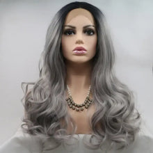 Long wavy gray wig with dark roots, heat safe, on mannequin