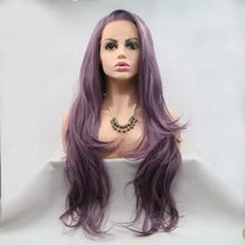 Long wavy lavender purple synthetic hair wig with dark roots, heat safe