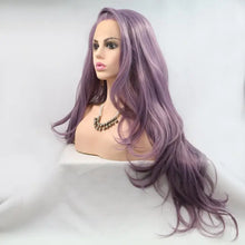 Long wavy lavender synthetic hair wig with dark roots, heat safe