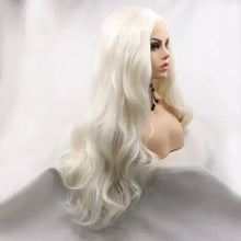 Long wavy platinum blonde heat safe synthetic wig on mannequin head