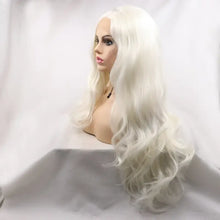 Long wavy platinum blonde heat safe synthetic wig with lace front