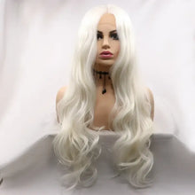 Long wavy platinum blonde heat safe synthetic wig on mannequin head