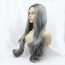 Long wavy synthetic hair wig in gray ombre with dark roots, heat safe