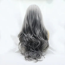 Long wavy synthetic hair wig in gray ombre with dark roots, heat safe