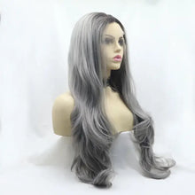 Long wavy synthetic hair wig in silver black ombre with dark roots, heat safe
