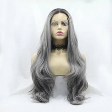 Long wavy synthetic hair heat safe gray ombre wig on mannequin