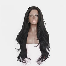 Long wavy synthetic hair heat safe black wig on mannequin head