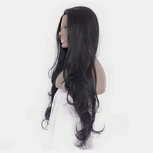 Long wavy synthetic hair wig, heat safe black, on mannequin head
