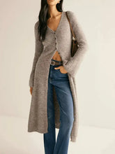 Long gray bell sleeve cardigan with v-neck and buttons