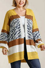 Plus size longline color block open cardigan with striped animal print