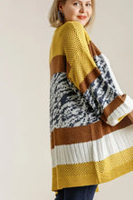 Plus size longline color block open cardigan in mustard yellow and brown stripes