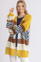 Longline color block open plus size cardigan with stripes and abstract pattern