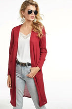 Longline ribbed knit cardigan in red with open front and pockets