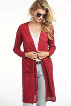 Longline ribbed knit cardigan in dark red with bibi pockets