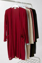 Longline ribbed knit cardigan in red with pockets, multiple colors