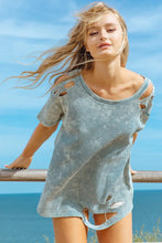 Loose Fit Mineral Washed Waffle Knit Top with Laser Cut Detailing