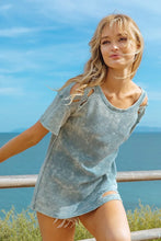 Loose Fit Mineral Washed Waffle Knit Top with Laser Cut Detailing DENIM