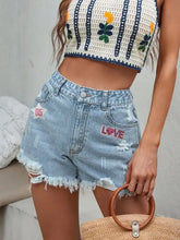 LOVE Distressed Raw Hem Denim Shorts with Fringe