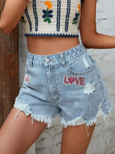 Love Distressed Raw Hem Denim Shorts with Frayed Hems and Patches