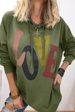Olive green LOVE drawstring dropped shoulder hoodie with multicolored print