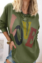 Olive green LOVE drawstring dropped shoulder hoodie with colorful front print