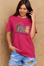 Magenta love language graphic cotton tee with cat, book, and flower design, short sleeve
