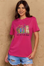 Magenta love language graphic cotton tee with cat, books, flowers, short sleeve