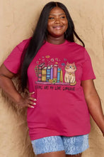 Plus size magenta love language graphic cotton tee with cat, books, and flowers, short sleeve