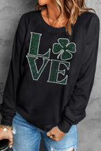 Women’s black long-sleeved love rhinestone clover round neck sweatshirt