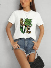 White short-sleeve LOVE t-shirt with leopard print and four-leaf clover