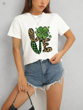 Women’s love round neck short sleeve t-shirt with leopard and clover graphic