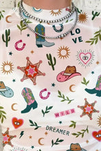 White sheer mesh love wild dreamer western top with vibrant cowboy boots hats stars cacti and hearts pattern
