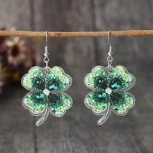 Lucky clover acrylic dangle earrings with green glitter and teal gems