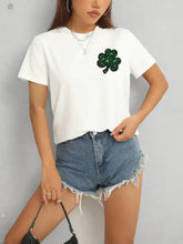 White Lucky Clover Round Neck Short Sleeve T-Shirt with Green Shamrock
