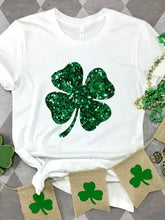 White Lucky Clover Round Neck T-Shirt with green glitter four-leaf clover