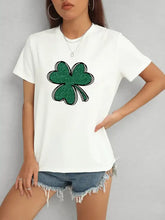 White short-sleeved lucky clover round neck t-shirt with green glitter shamrock