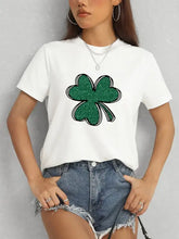 White short-sleeve Lucky Clover Round Neck T-Shirt with green glitter shamrock