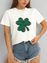 White short-sleeve Lucky Clover Round Neck T-Shirt with green glitter shamrock