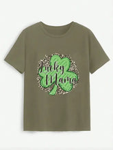 Lucky Mama Round Neck T-Shirt in olive green with shamrock and leopard print graphic
